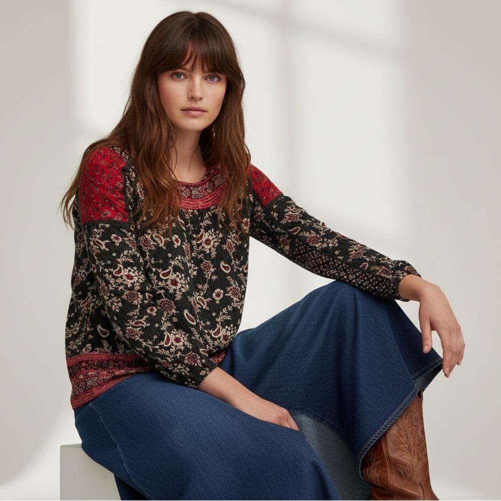 Knox Rose Patchwork Floral Bohemian Babydoll Top Red Blue Size XS